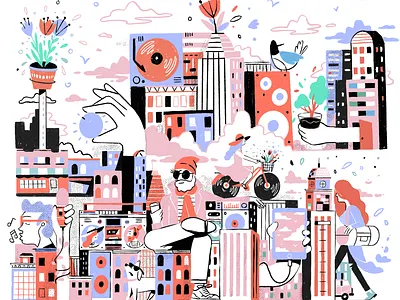 Radio Bureau bicycle building childrens book childrens book illustration city clouds design dog editorial illustration flat handdrawn illustration men mural music print radio sketch women women in illustration