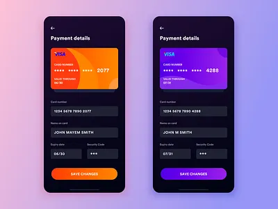 Daily UI #4: Credit Card Info Form Dark UI app black blue card clean credit card daily ui challenge dark design finance flat gradient iphone mobile orange payment purple ui ux yellow