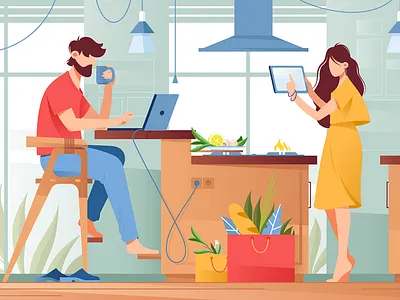 Couple with gadgets in life couple device flat gadget illustration kit8 laptop lifestyle network people vector