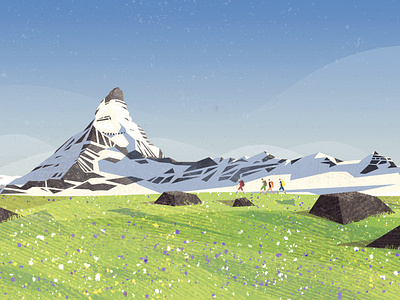 PeakVisor Spring illustration design dramatic hike hiker hiking illustration matterhorn meadow mountains snow sunny sunny day vector
