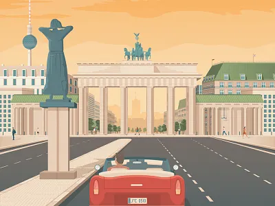 Berlin Germany Retro Travel Poster Illustration art print berlin germany brandenburg gate building monument car road city sky cityscape flat design illustration landmark landscape retro vintage travel poster vector art yellow blue white brown