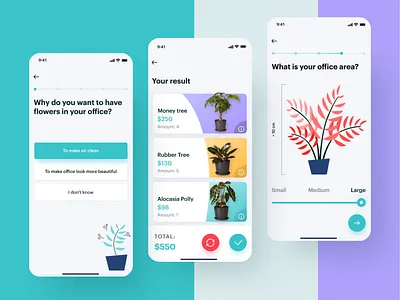 Office plant assistant: plants list and screens sequence app assistant design illustration interface ios12 iphone picking flow planning plant plants react native refresh settings slider ui ux violet wizard yellow