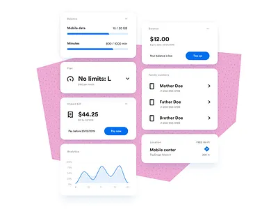 Telecom components app blue bold chart clean colors component design elegant graph icons iphone mobile phone postpaid prepaid telecom typography ui vector