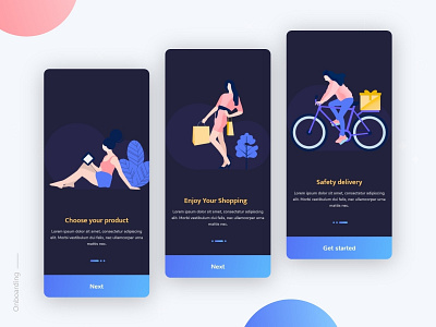 Online Shopping Onboarding Screens animation colours dark theme debut dribbble fashion illustration interaction design onboarding illustration onboarding screens online app online booking onlineshop shopping app userinterfacedesign women fashion