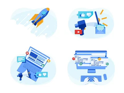 Codility Illustrations codility coding desktop email emoticons icons illustration laptop like loudspeaker marketing press programming raise awareness rocket vector