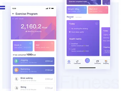 Fitness brisk walking colour design diet fitness fitness app healthy healthy eating jogging record skiing swimming ui