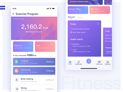 Fitness brisk walking colour design diet fitness fitness app healthy healthy eating jogging record skiing swimming ui