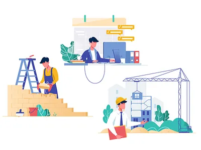 Set professions building business collection flat half illustration kit8 people profession vector worker