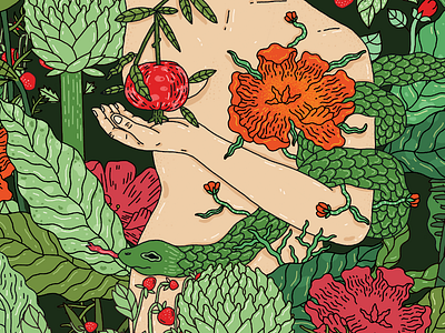 Eve detailed flowers illustration jungle line nature plants snake spa wallpaper woman