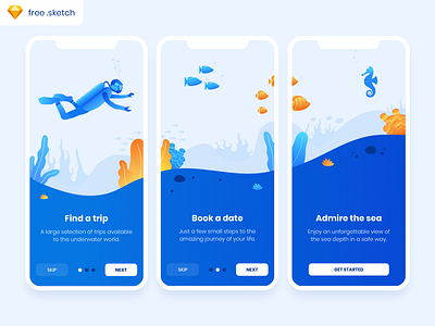 Submarine Trips Onboarding app blue design fish illustration orange scuba diver submarine ui ux vector