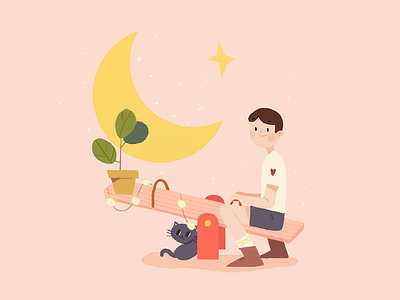 Illustrations copy boy cat cute illustration moon pink plant star