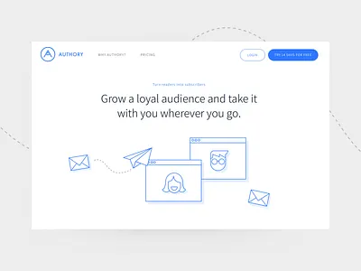 Authory Email Subscribers blue branding browser clean design envelope flat hero icon illustration minimal page paperplane profile subsciption subscribe ui vector website website banner
