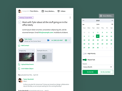 Tasks UI • CRM project alarm attachment calendar clean comment contact date picker dropdown light outlook switch task todo toggle web app website
