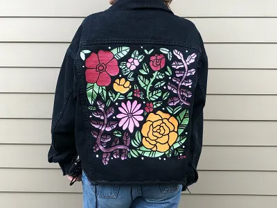 Hand-painted jacket americana butts custom art fabric design fabric pattern fashion floral flowers folk art illustration illustrator jean jean jacket jeans paint painting tattoo traditional