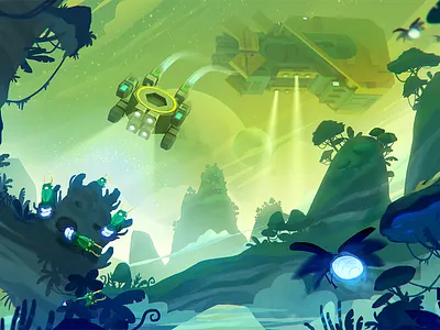 Nimbatus Jungle Visual V09 1080 Hight 2d art artist atmospheric clouds concept art design development drone game illustration insect jungle landscape moon planet scifi spaceship world yellow