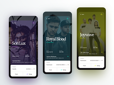 Concert Page - Versions app concert design music purple type typography ui ux yellow
