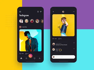 Instagram Dark Visual Concept app avatars color cta design flat gallery instagram interface like list material navigation network redesign social stories ui