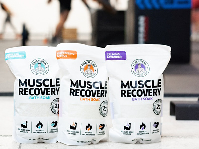 Branding & Packaging For Bath Soaks For Athletes. athlete athletic bath soak branding coach emblem fitness logo magnesium salt muscle muscle recovery natural natural packaging packaging packaging design sport supplement supplement packaging wellness workout