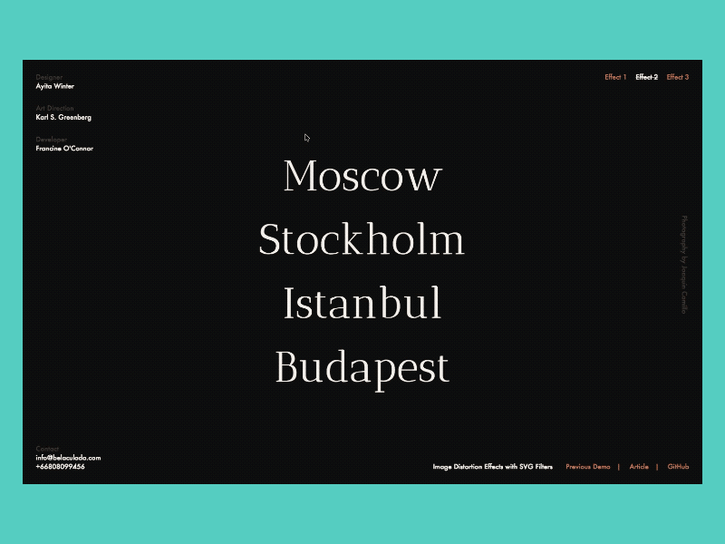 Image Distortion Effects with SVG Filters animation css demo design effect gif html inspiration javascript navigation navigation menu svg ui