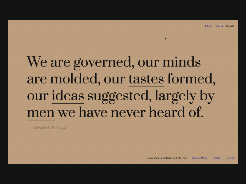 Image Distortion Effects with SVG Filters animation css demo design effect gif hover html inspiration javascript navigation navigation menu svg ui