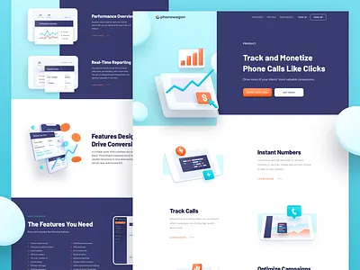 Phonewagon : Features 3d illustration analytics branding call tracking conversation features front end development high conversion icon illustration isometric illustration landing page marketing website interface messaging onboarding reporting user experience design web design wordpress wp development