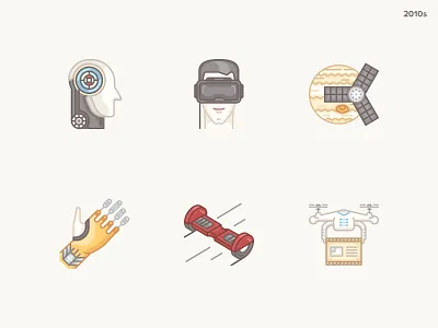 History Geek Icons 2010s part2 drone delivery history geek hoverboard icons icons set juno mission jupiter prosthetic hand prosthetics robotics vector virtual reality
