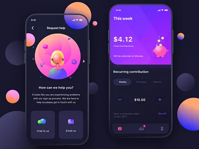 Firststep Request help + This week screen android bubbles calendar chatting dark gradient graph ios iphone mi minimal neel night night mode prakhar profile savings sharma tabbar user