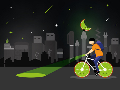 Night ride bike bycicle city clean design flat illustration illustrator kiwi lights minimal moon nightsky sky stars vector
