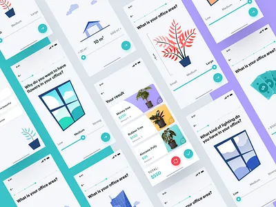 Office Plant Assistant: Various Screens app assistant design illustration interface ios12 iphone picking flow planning plant plants react native refresh settings slider tree ui ux violet wizard