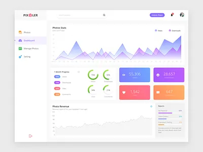 Pixler Dashboard clean app design colors dashboard dashboard app dashboard design dashboard flat design dashboard template graph images dashboard minimal app design pakistan photos dashboard progress report revenue stats template theme ui design user interface design web design