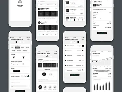 Cake App - UX Wireframes (2018) app bakery black and white business cake customer design dessert iphone mobile mobile app mockup order screens user experience ux wireframes