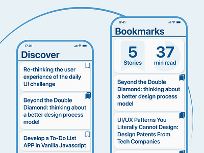 Ascetic reader concept adobexd app article ascetic blue bookmark cards color design discover minimal minimal app design mock up prototype reader simple text ui
