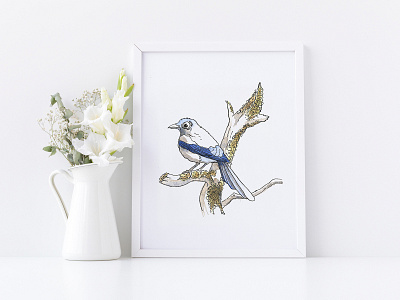 Bird on a tree bird china ink drawing illustration ink watercolor