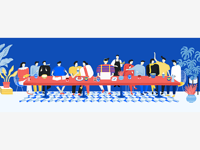 Last Supper blue blue and white cafe character dinner handmade illustration illustrator people plant table ui
