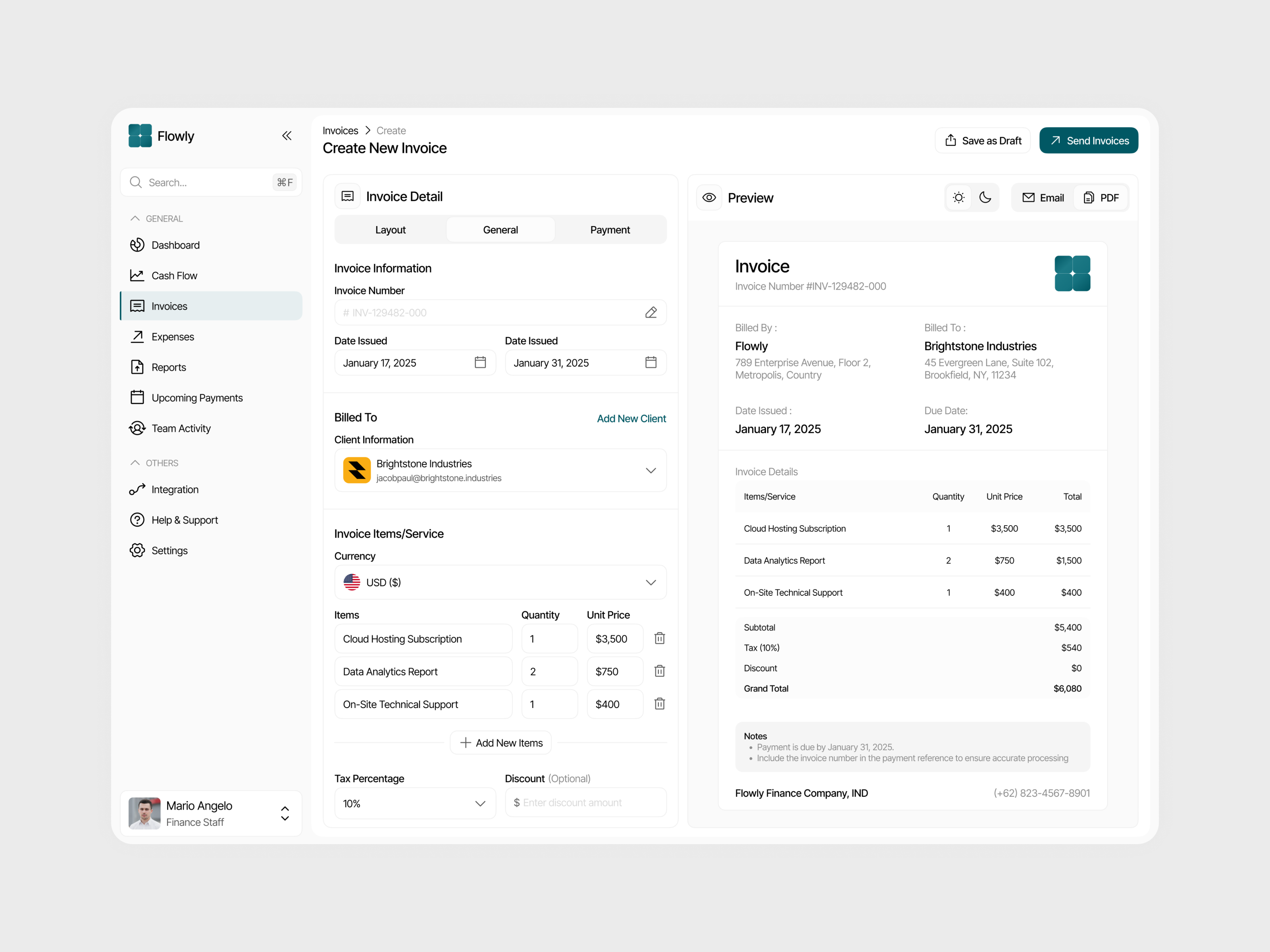 Example of Flowly – Financial Management Dashboard [Create Invoice Page]