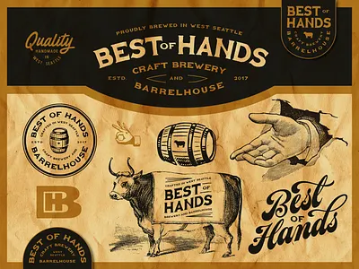 Best of Hands Brewery & Barrelhouse barrel beer branding brewery cow craft beer flash sheet logos typography vintage