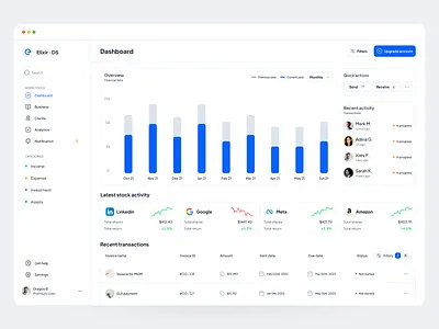 Elixir Design System - Financial app card chart dashboard design sidebar table ui ux web