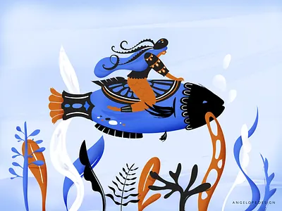 F is for Fish blue design fish flat design graphic design illustration nautical ocean sea seaweed texture vector water watercolor whimsical