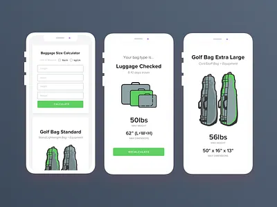 Baggage Size Calculator calculator calculator ui golf golf bag landing page logistics luggage shipping wizard