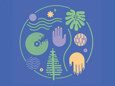Tee project- Blue contour hands minimalist plants record vinyl wavy
