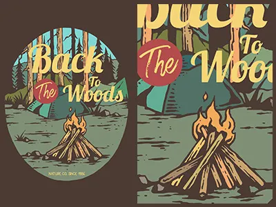 Back To The Woods adventure badge camp campfire clothing illustration landscape logo nature outdoor retro retro badges t shirt design t shirt graphic t shirt illustration tshirt typography vector vintage