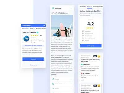 Absolvent.pl - Employer Profile - Mobile app cards clean cta employer job board mobile rating reviews web