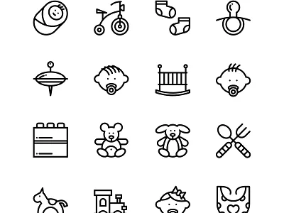 Baby, Care, Toys Icons Set 2 activity baby bear bib bicycle bike boy care child childhood children feeding fork girl horse kid kit line mother care newborn