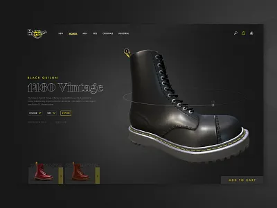 Dr Martens Product Page 3d black black and yellow boots clean concept dark dr martens ecommerce fashion gradient graphicdesign landing page product card rotation shoes sketch ui ux yellow
