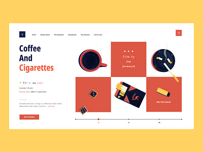 Coffee and Cigarettes app art cigarettes colour palette design fil flat illustration jim jarmusch motion type typography ui ux vector watchlist web web design website yellow