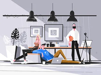 Designers working in studio character designer flat illustration kit8 man studio vector woman working