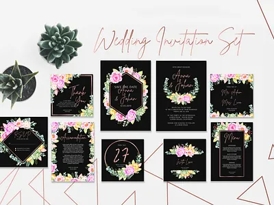 Wedding invitation set arrangement background botanical card decoration design elegant floral flower frame greeting hand drawn illustration invitation modern invitation nature template vector watercolor wedding