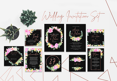 Wedding invitation set arrangement background botanical card decoration design elegant floral flower frame greeting hand drawn illustration invitation modern invitation nature template vector watercolor wedding
