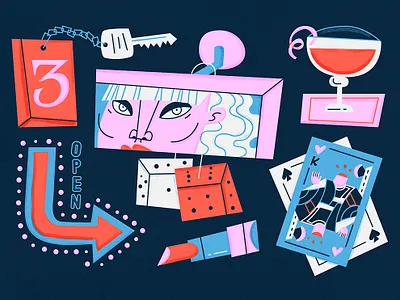 Atomic Blonde action blonde cocktail dice female illustration key lipstick neon playing card sign spy