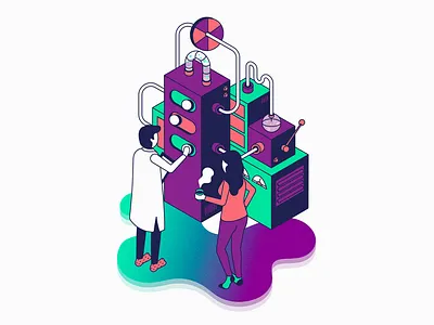 Managed Services button colorful digital factory grain illustration isometry line machine neon optimisation people science settings tool tubes vector wave